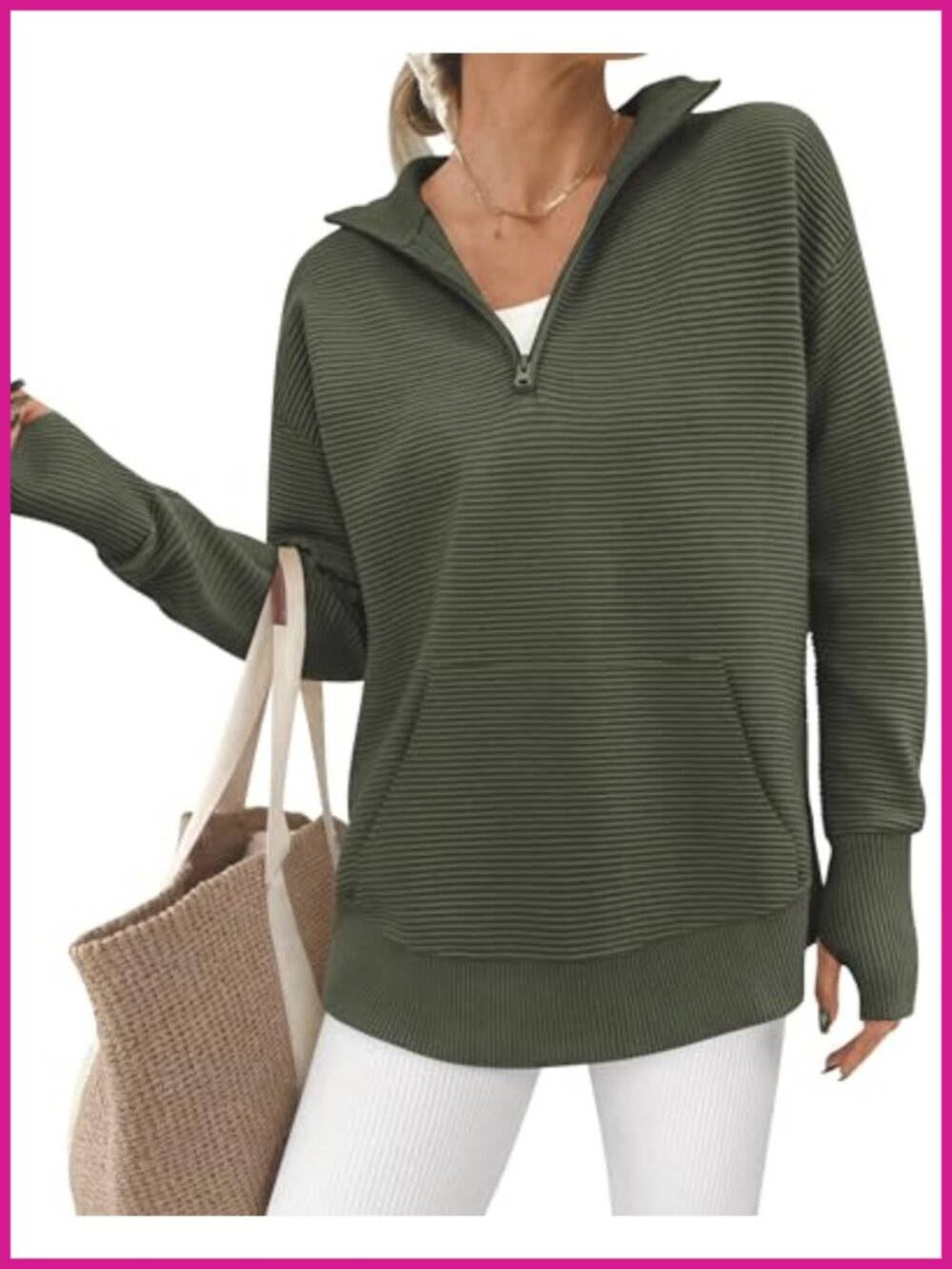 Women's Quarter Zip Ribbed Knit Pullover Sweater Loose Fit Long Sleeve